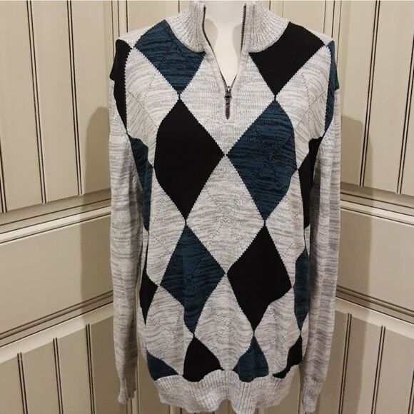 CARBON 1/4 Zip Argyle Sweater Green/Gray/Black Size Large - Picture 1 of 10